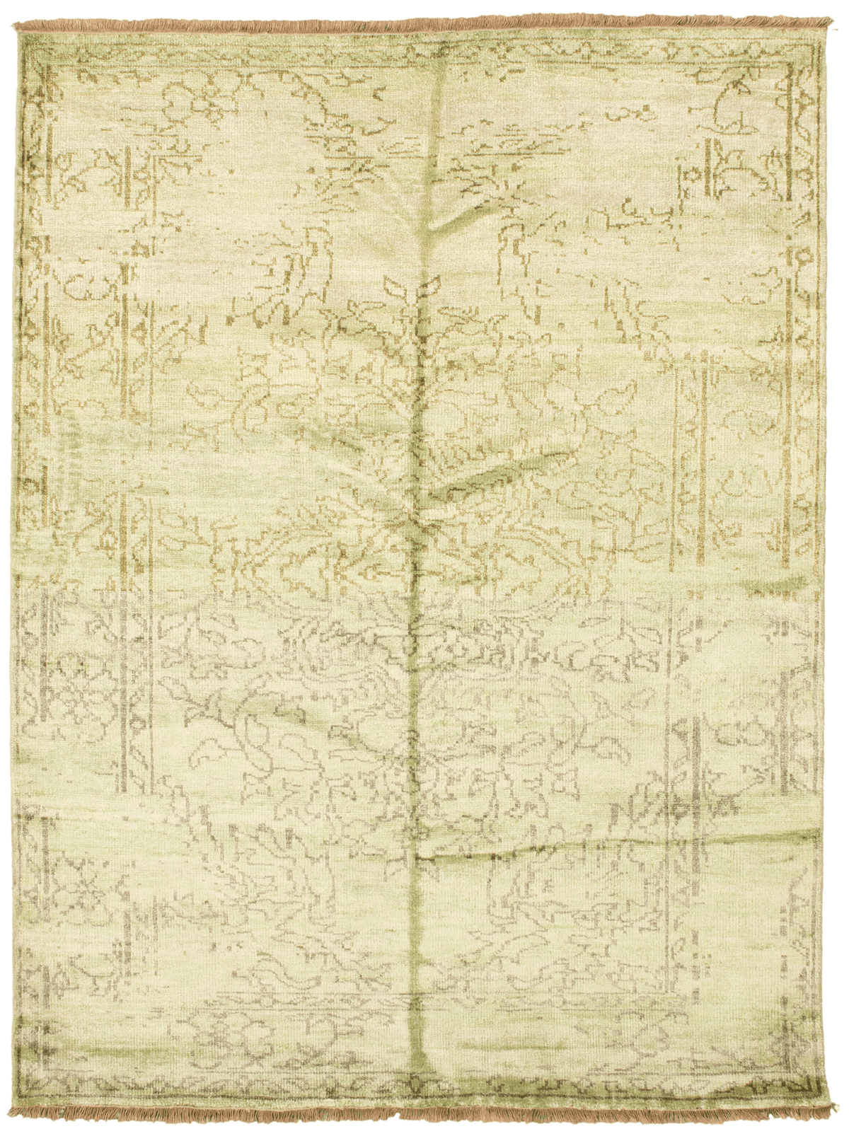 Indian Color Transition hand-knotted bamboo silk rug, full flat view of green overdyed field