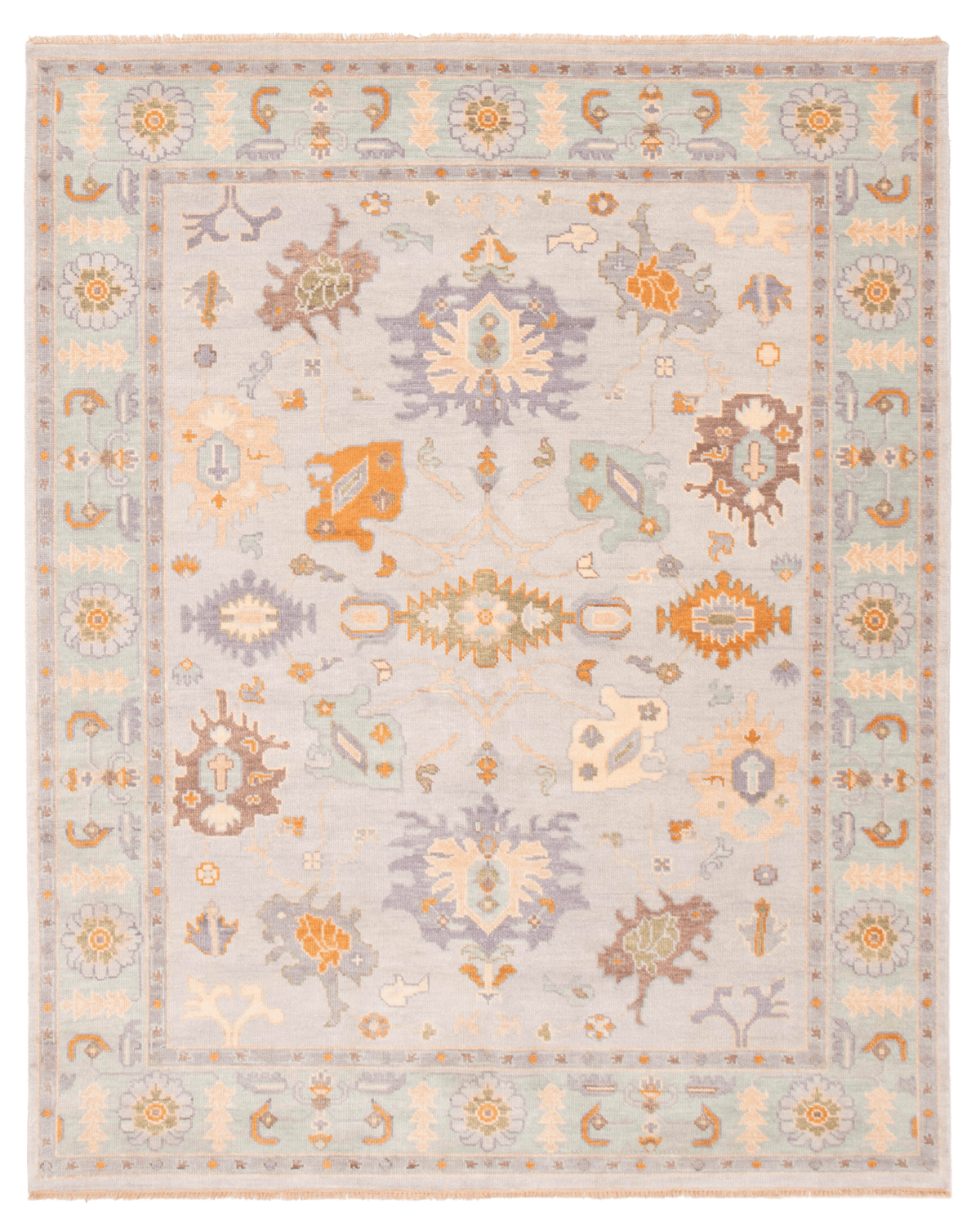 Indian Modern Oushak hand-knotted wool rug, full flat view of grey floral field