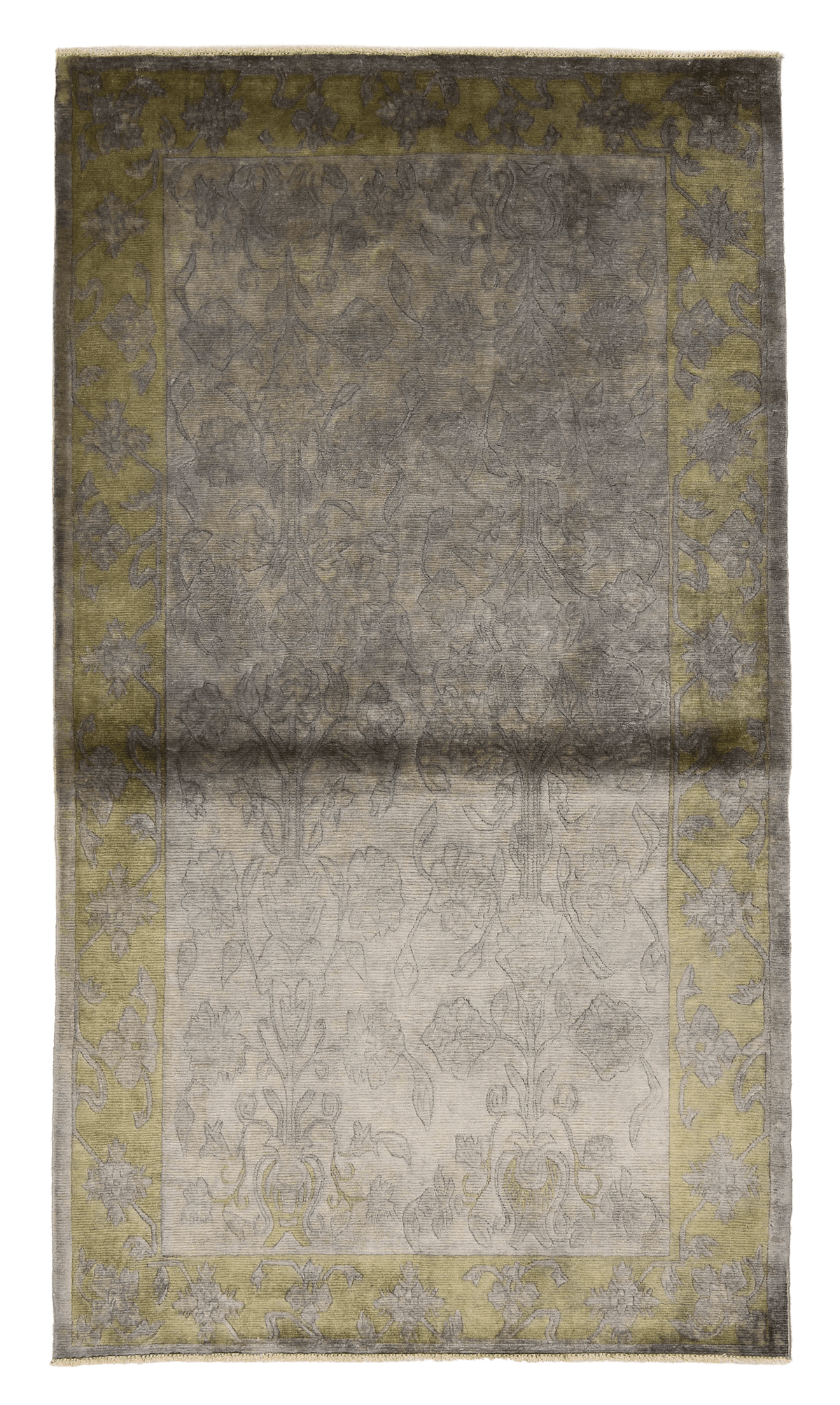 Nepal Opulence hand-knotted wool rug, full flat view of grey bordered design