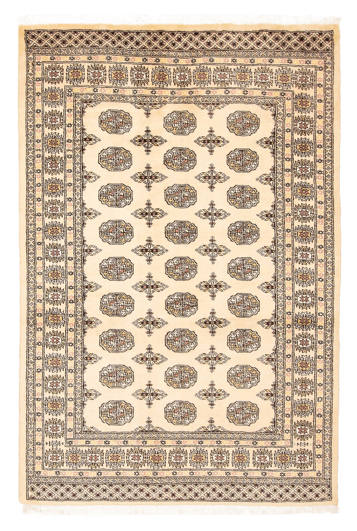 Finest Peshawar Bokhara hand-knotted wool rug, full flat view of ivory elephant foot design