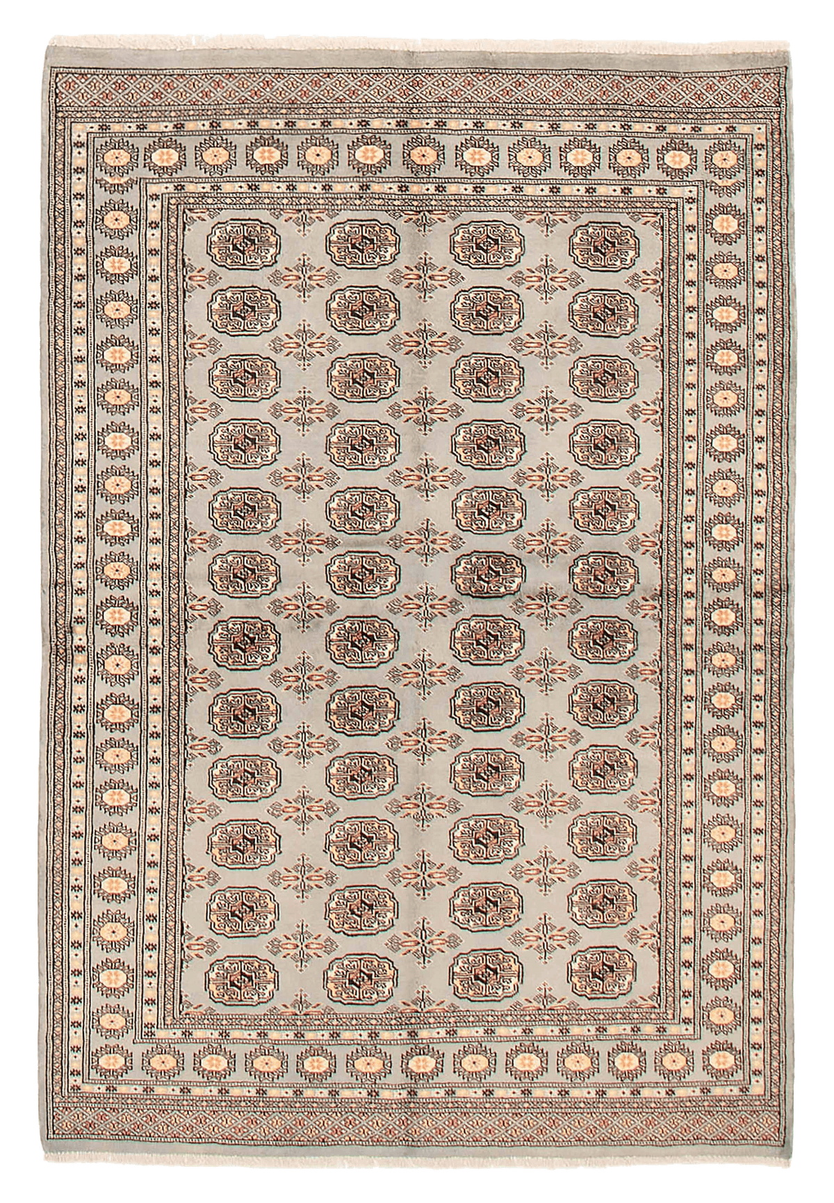 Finest Peshawar Bokhara hand-knotted wool rug, full flat view of grey elephant foot design