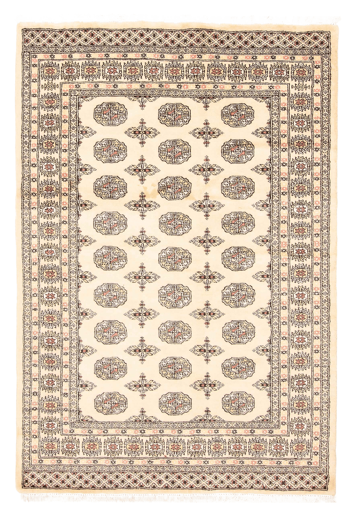 Finest Peshawar Bokhara hand-knotted wool rug, full flat view of ivory elephant foot design