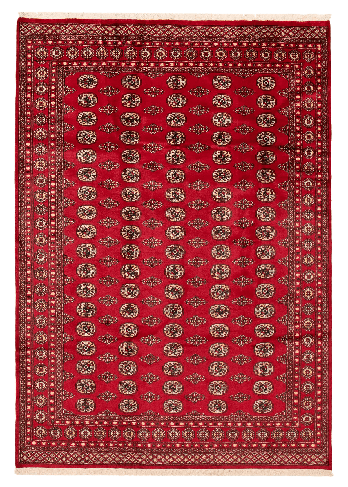Finest Peshawar Bokhara hand-knotted wool rug, full flat view of red elephant foot design