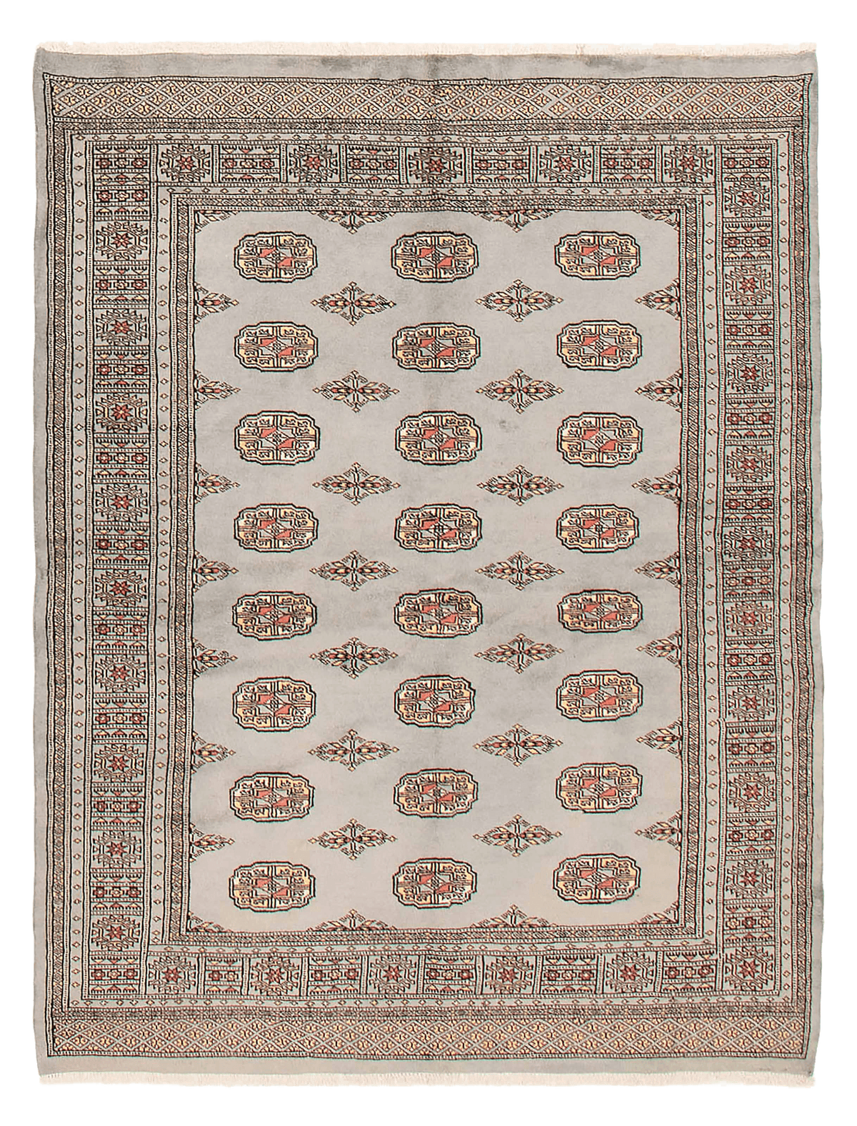 Finest Peshawar Bokhara hand-knotted wool rug, full flat view of grey elephant foot design