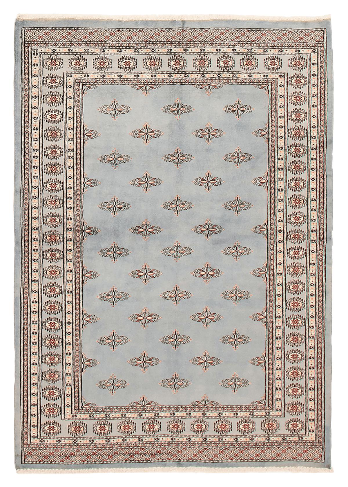 Finest Peshawar Bokhara hand-knotted wool rug, full flat view of light denim blue field