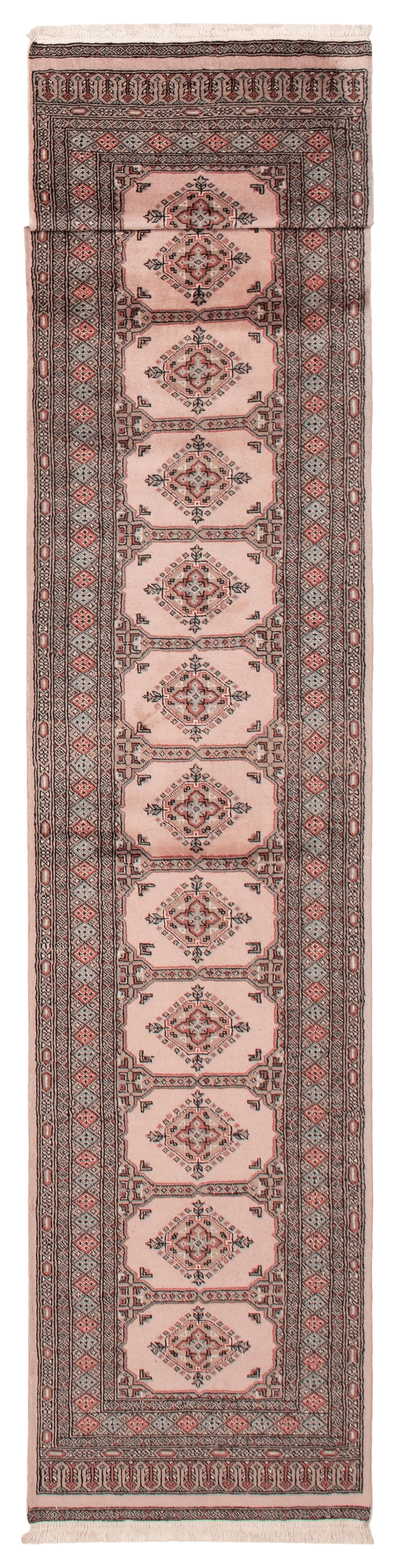 Finest Peshawar Bokhara wool runner, full flat view of ivory geometric design