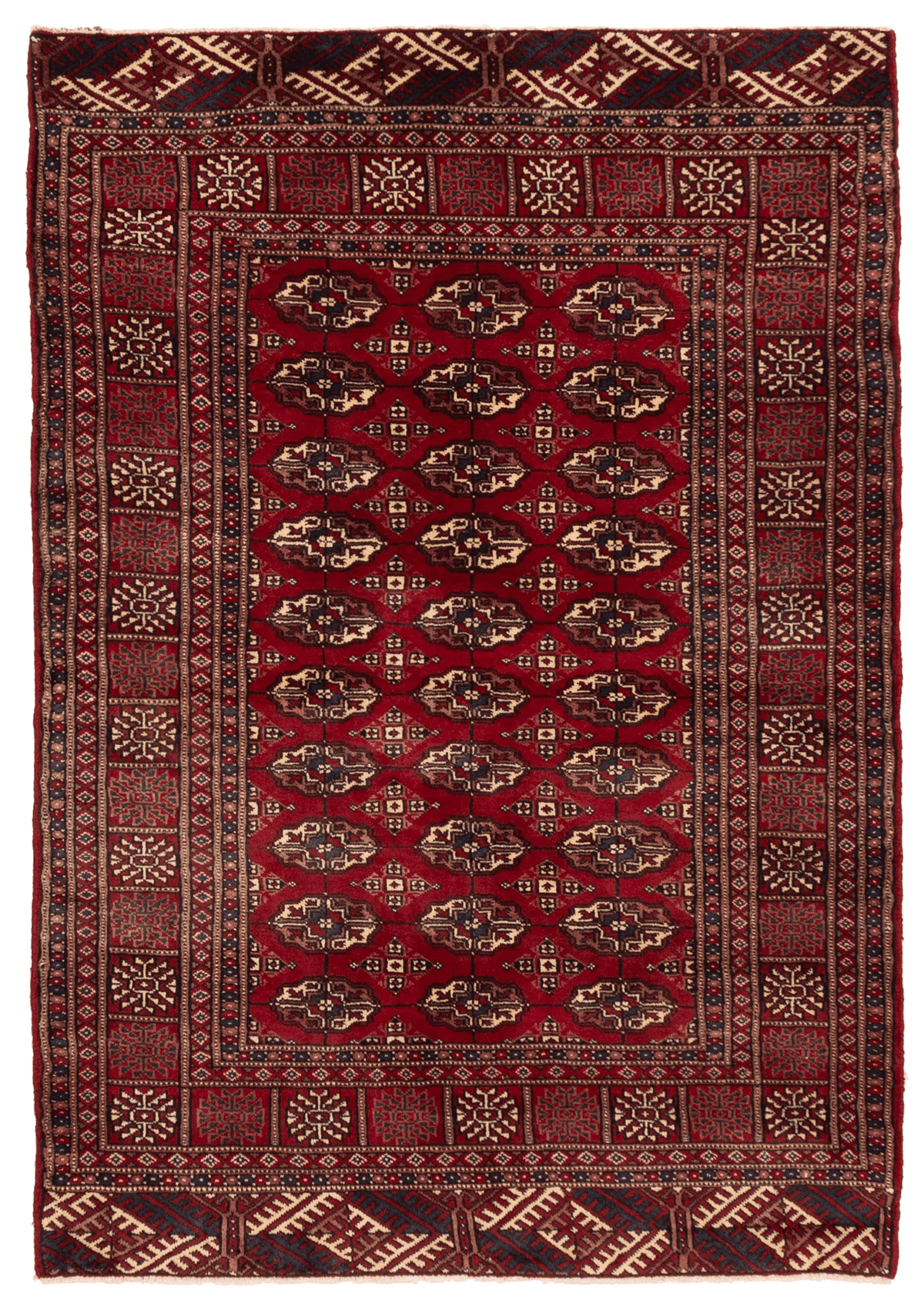 Pakistani Peshawar Bokhara hand-knotted wool rug, full flat view of red elephant foot design