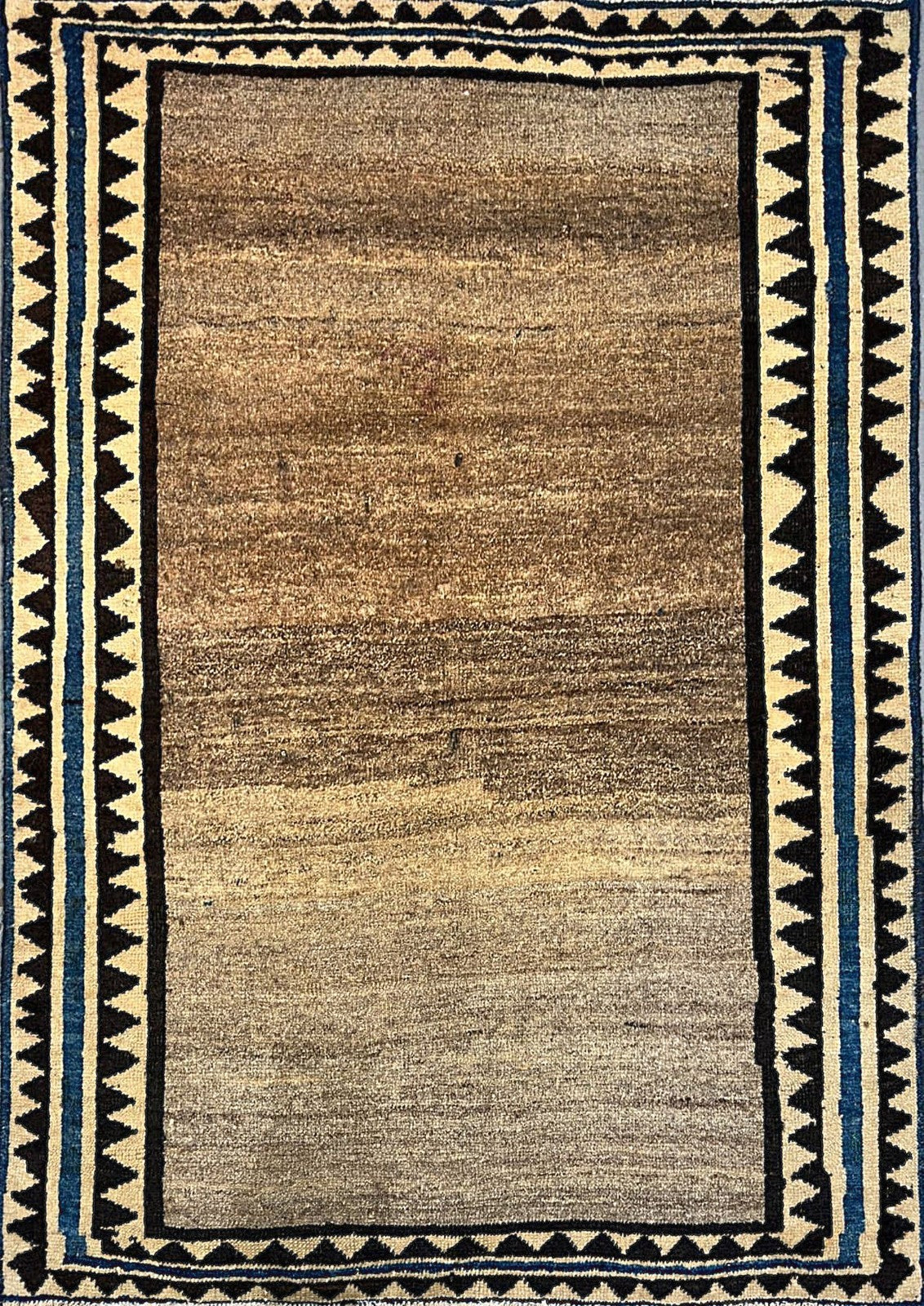 Semi-antique Afghan Gabbeh rug, full flat view of geometric multicolour field