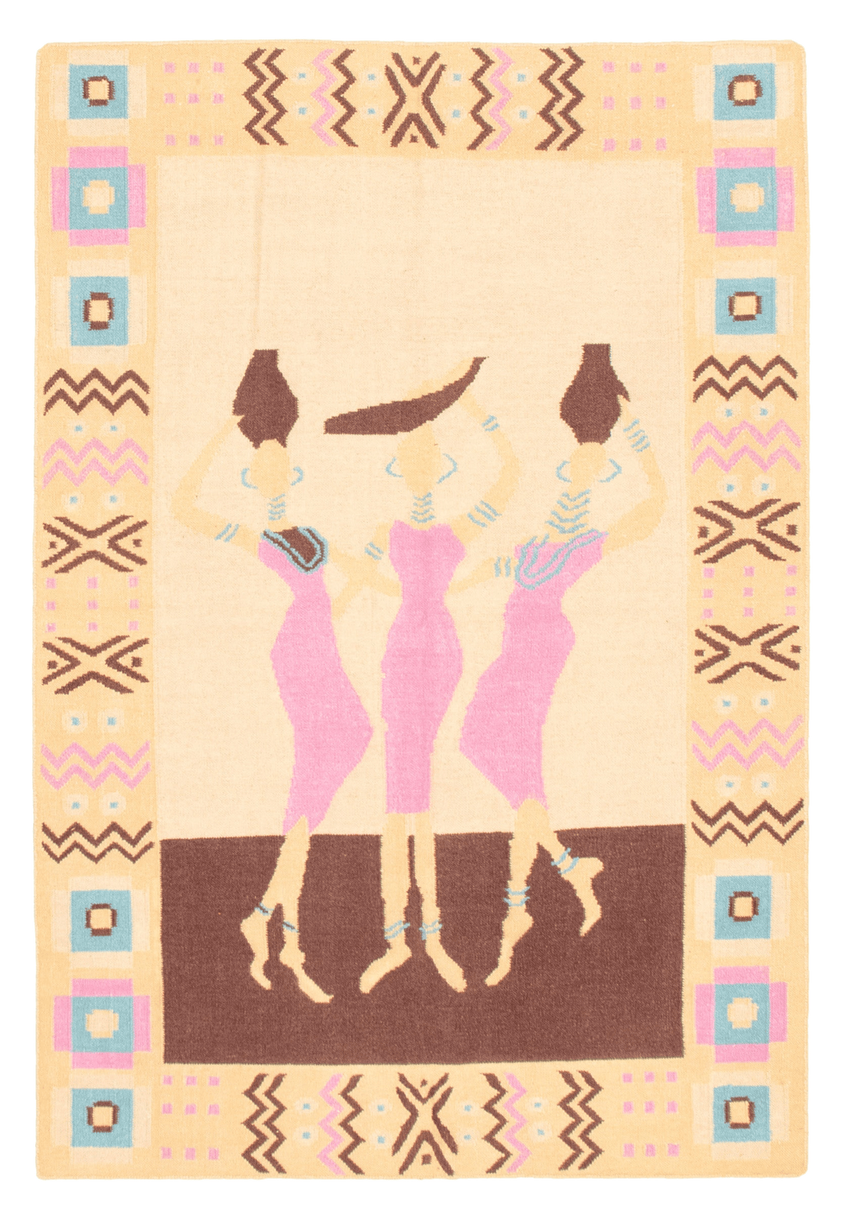 Turkish Ankara flat-weave wool kilim, full flat view of ivory picture design