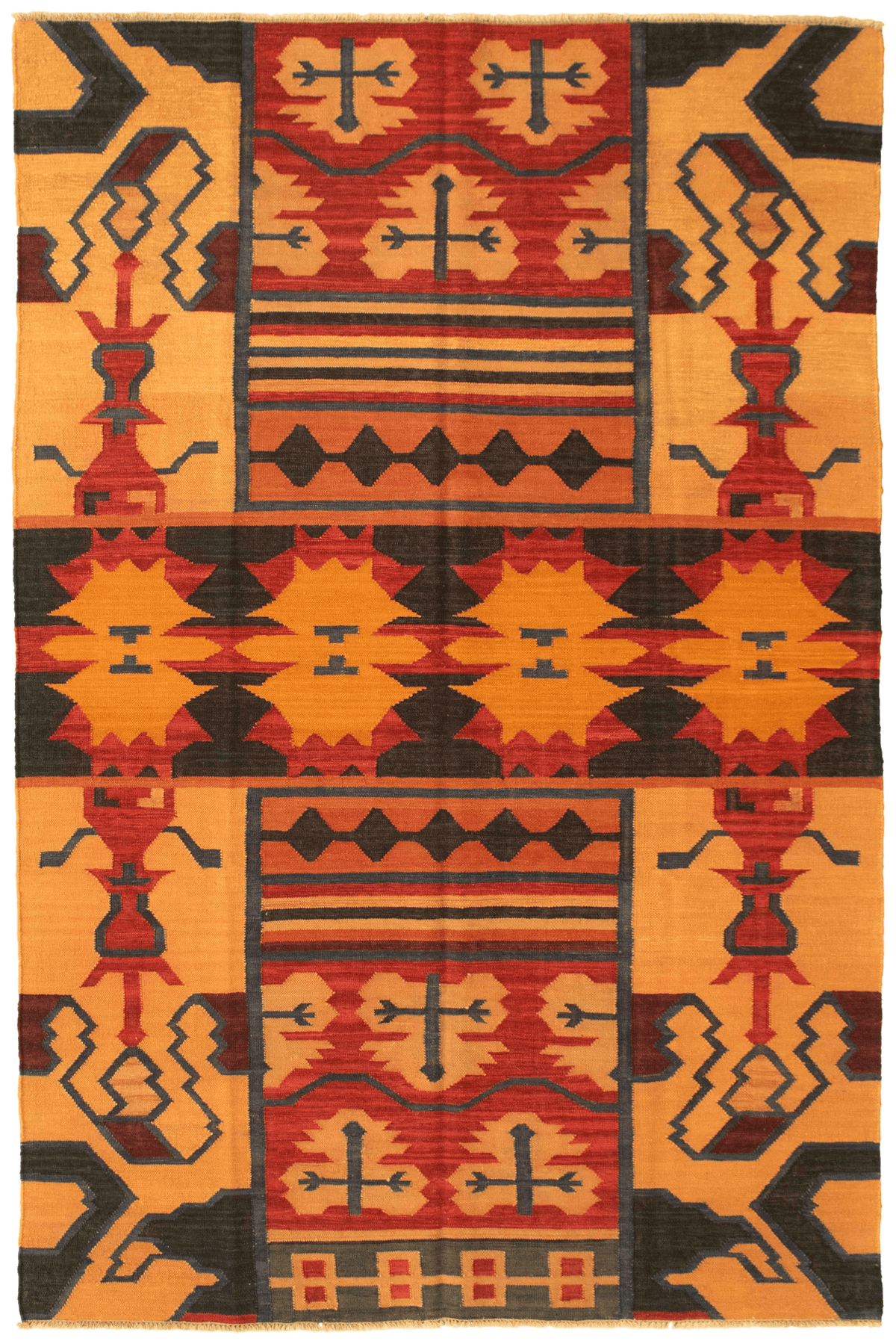 Turkish Sundance flat-weave wool kilim, full flat view of red open field