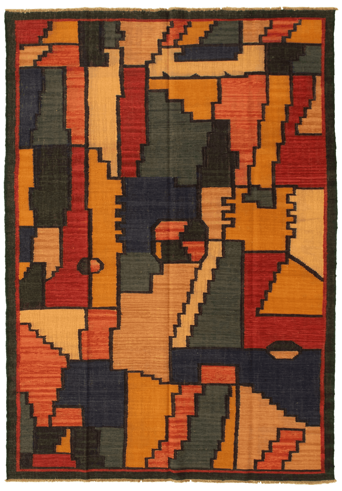Turkish Sundance flat-weave wool kilim, full flat view of dark blue open field