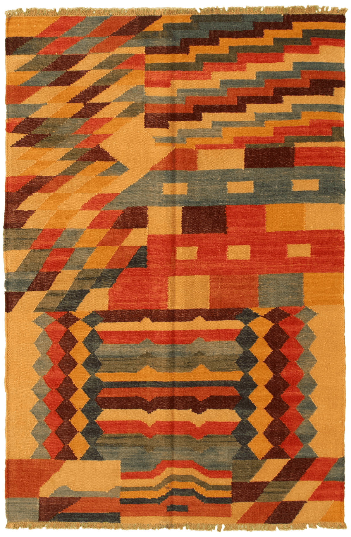 Turkish Sundance flat-weave wool kilim, full flat view of multi-colour design