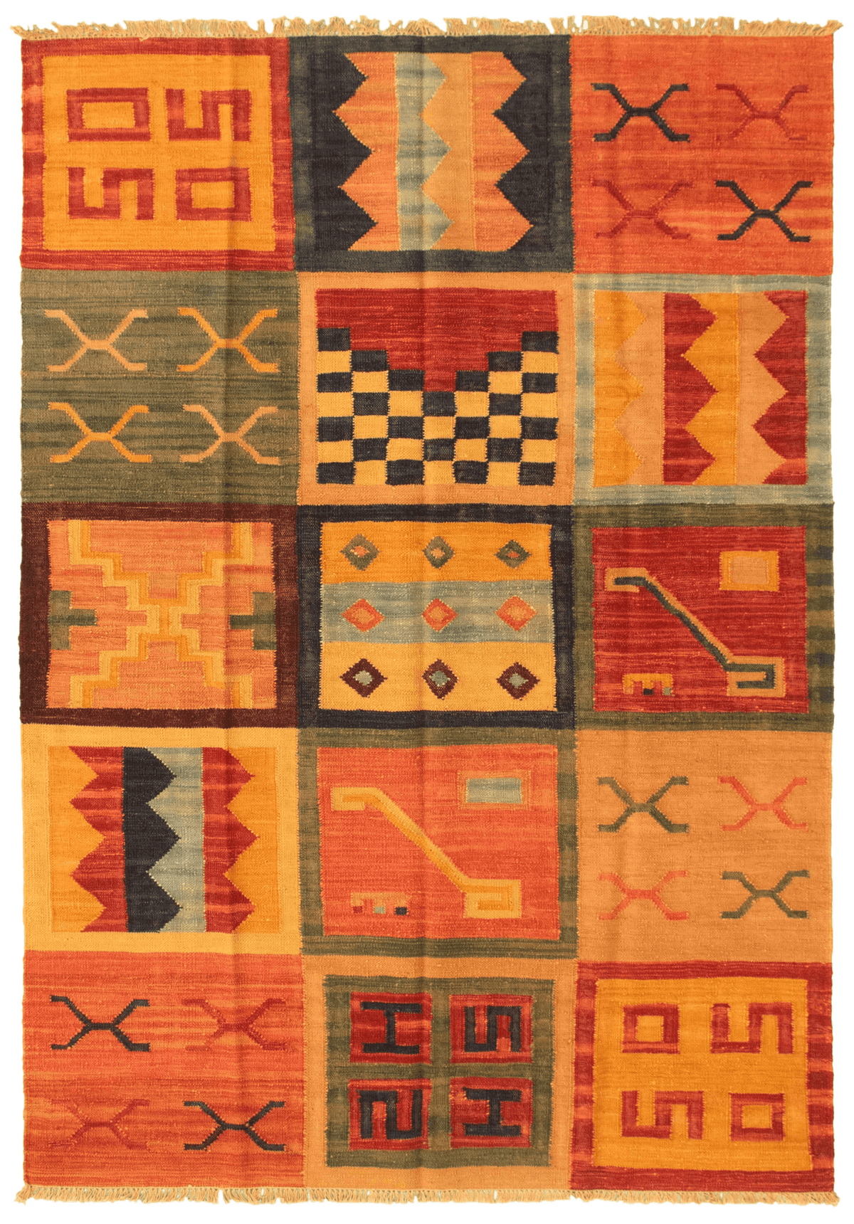Turkish Sundance flat-weave wool kilim, full flat view of ivory panel design