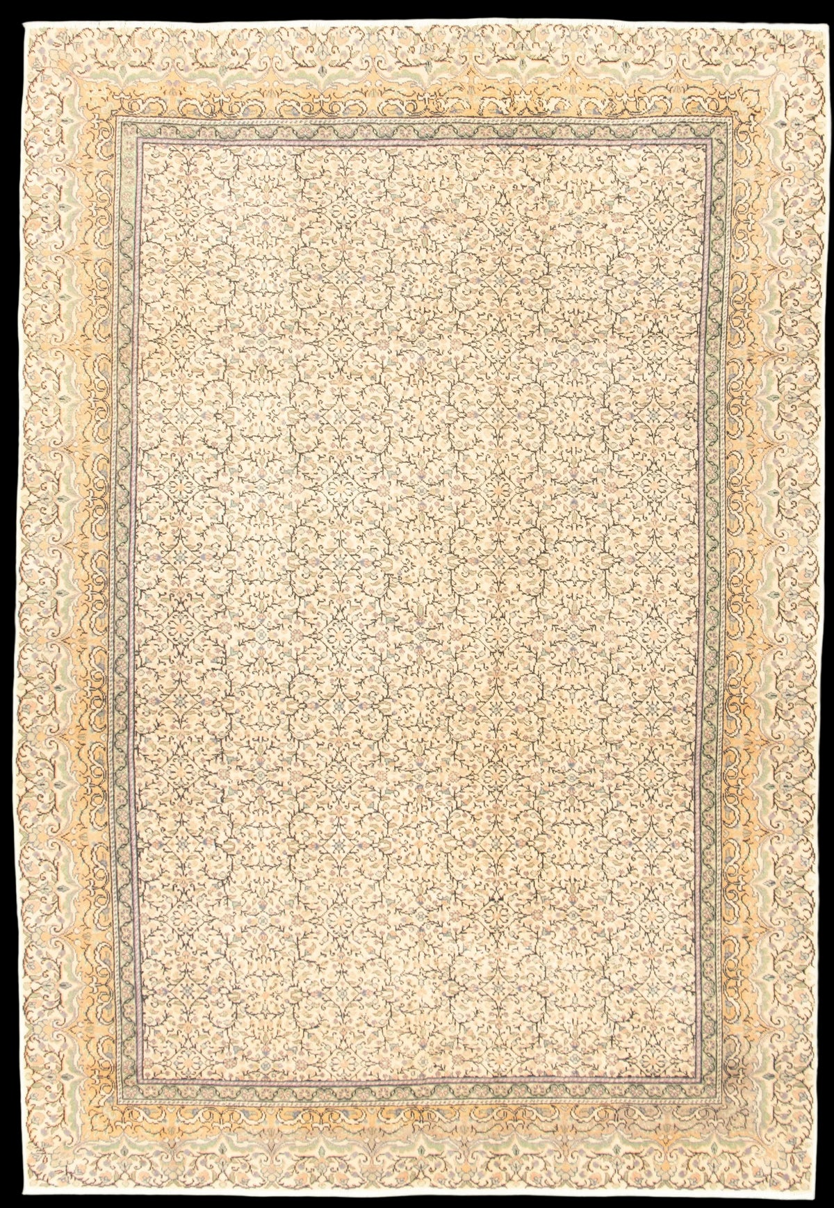 Turkish Kayseri Vintage hand-knotted wool rug, full flat view of ivory field