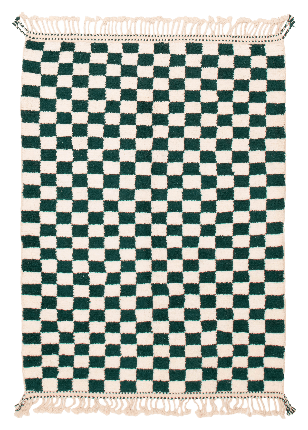 Moroccan Beni Ourain hand-knotted wool rug, full flat view of green checkered field