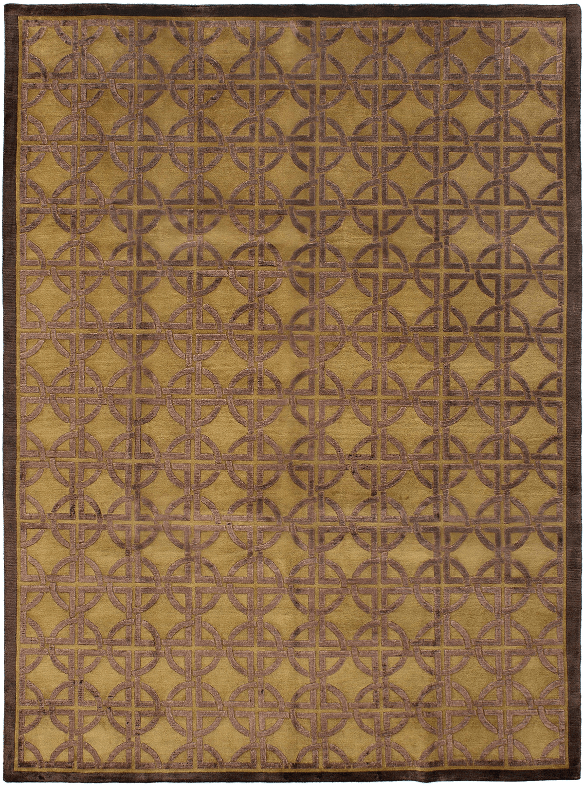 Nepal Opulence hand-knotted silk and wool rug, full flat view of brown open field