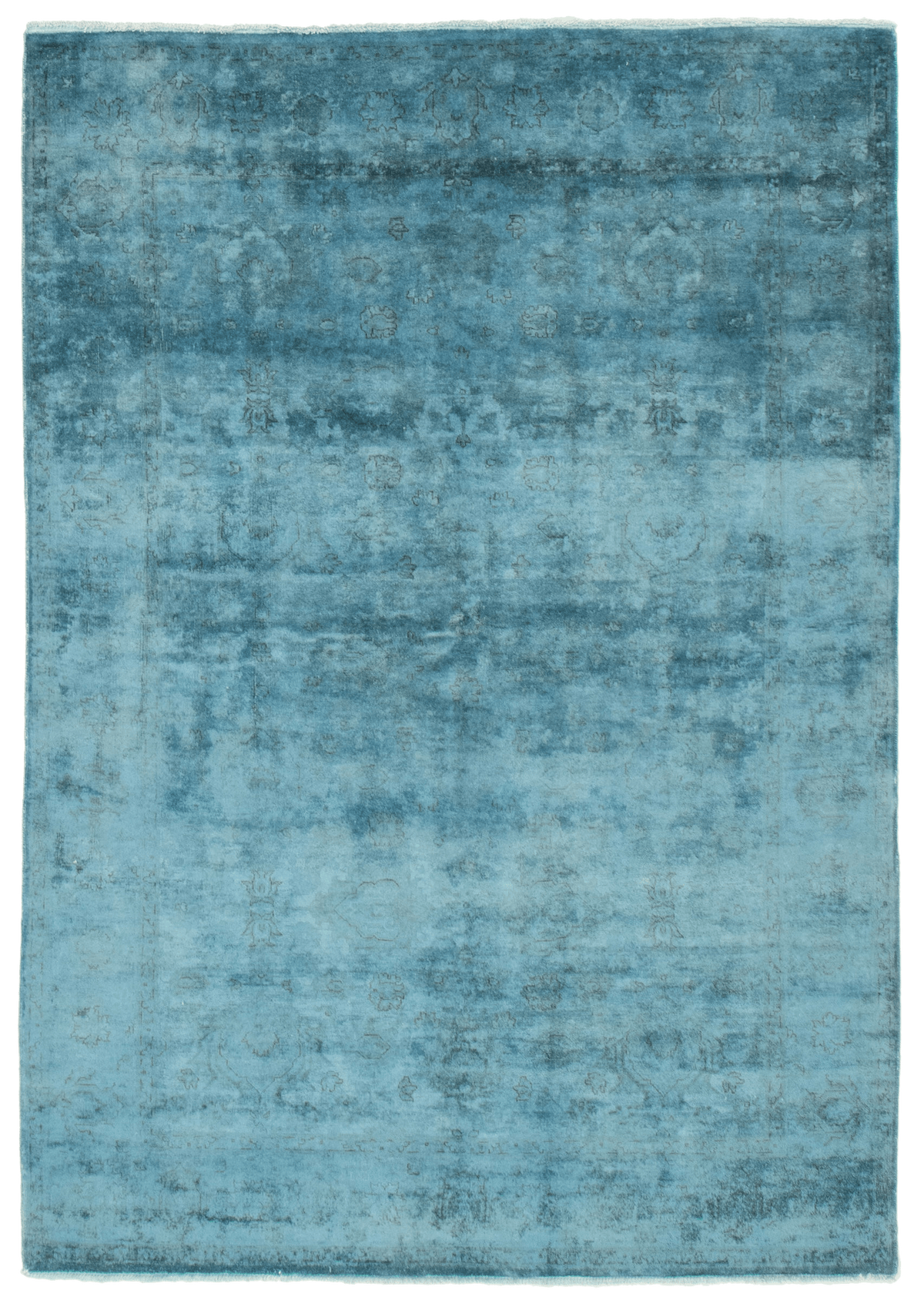 Pakistani Color Transition overdyed wool rug, full flat view of light blue field