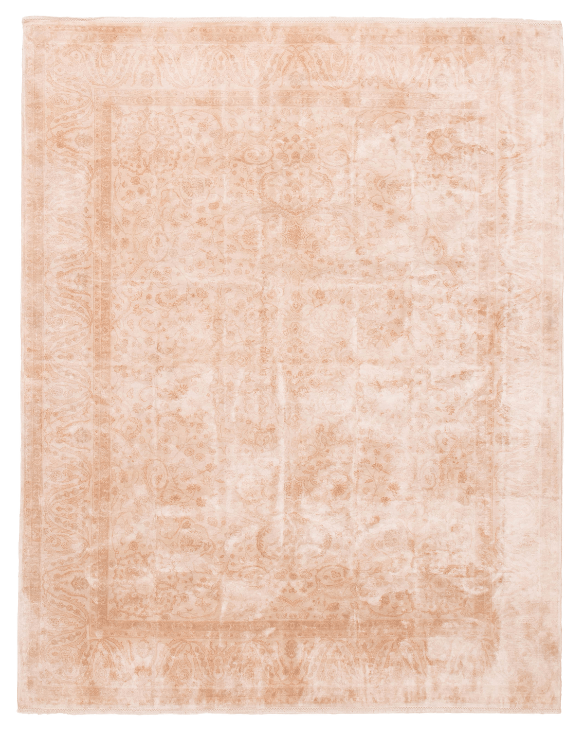 Persian Style hand-knotted art silk rug, full flat view of ivory open field