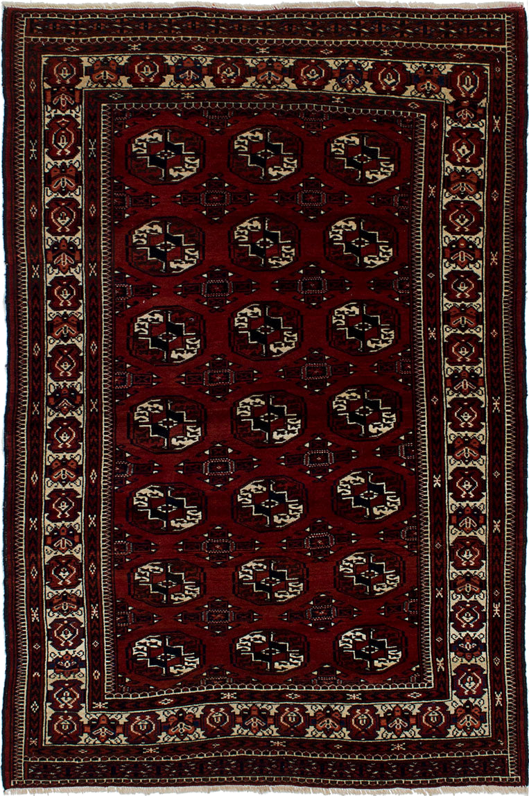Russian Shiravan Bokhara hand-knotted wool rug, full flat view of dark red field