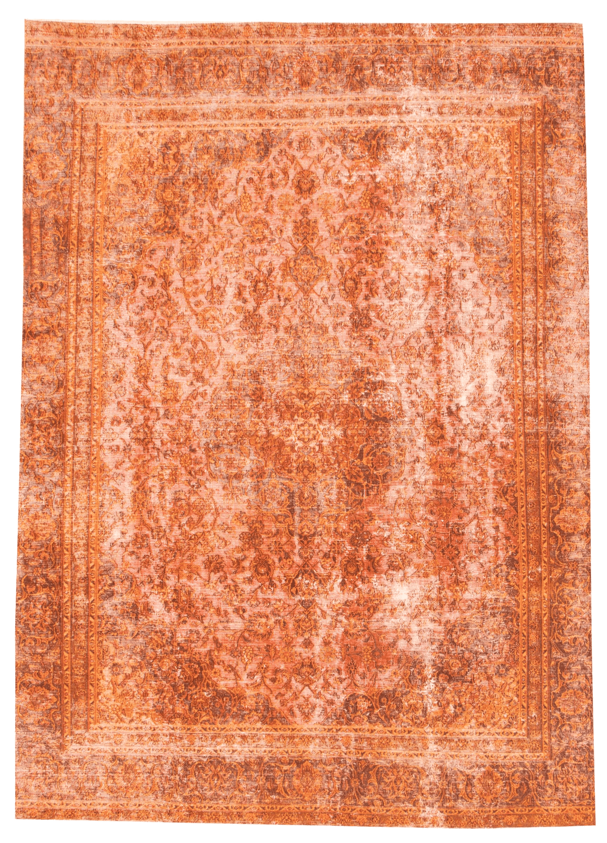 Turkish Color Transition overdyed wool rug, full flat view of burnt orange field