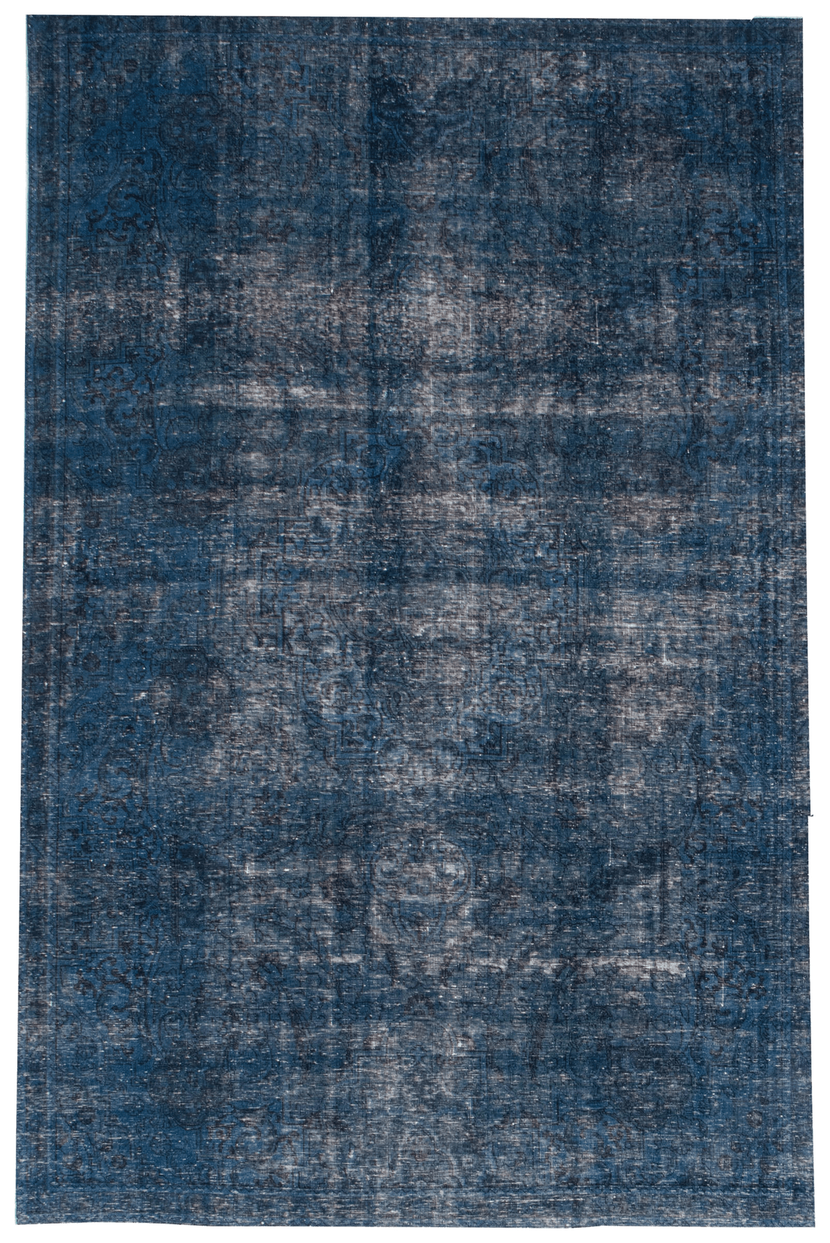 Turkish Color Transition overdyed wool rug, full flat view of dark blue field